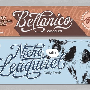 May include: Two chocolate bar packaging designs. The top design is brown and tan with the text "Bellanico Chocolate" and "100% Best Belgian Cacao". The bottom design is blue with the text "Niche Leaquirel Daily Fresh" and a black and white illustration of a cow.