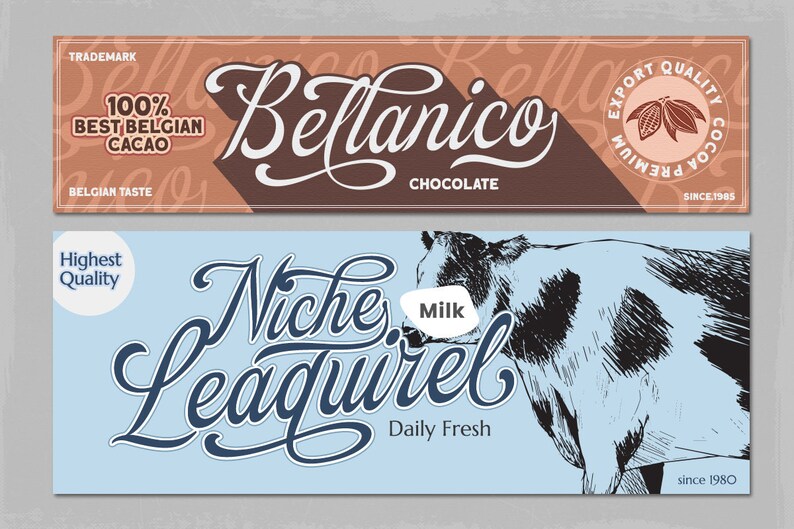 May include: Two chocolate bar packaging designs. The top design is brown and tan with the text "Bellanico Chocolate" and "100% Best Belgian Cacao". The bottom design is blue with the text "Niche Leaquirel Daily Fresh" and a black and white illustration of a cow.