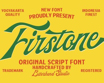 May include: A yellow background with the word "Firstone" in a green script font. The text "Yogyakarta Quality", "New Font Proudly Present", and "Indonesia Finest" are above the word "Firstone". Below the word "Firstone" is "Original Script Font Handcrafted by Letterhend Studio".