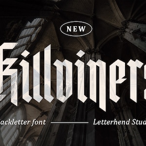 May include: A blackletter font called "Gilbwiners" with the text "NEW" in a circle above it. The text is white and the background is black. The font is a gothic style and is set against a background of a dark, gothic cathedral.