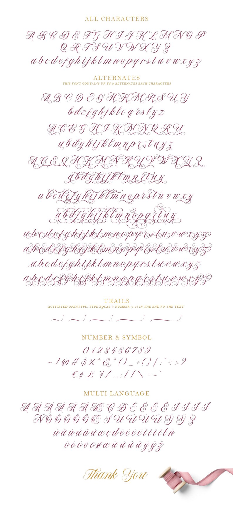 May include: A font chart showing the uppercase and lowercase letters of a cursive font. The font is burgundy in color and has a decorative flourish. The chart also includes numbers, symbols, and accented letters.