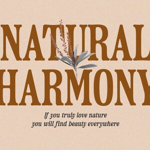 May include: A brown text graphic with the words "NATURAL HARMONY" and the quote "If you truly love nature you will find beauty everywhere". The graphic features a small sprig of dried flowers and leaves.