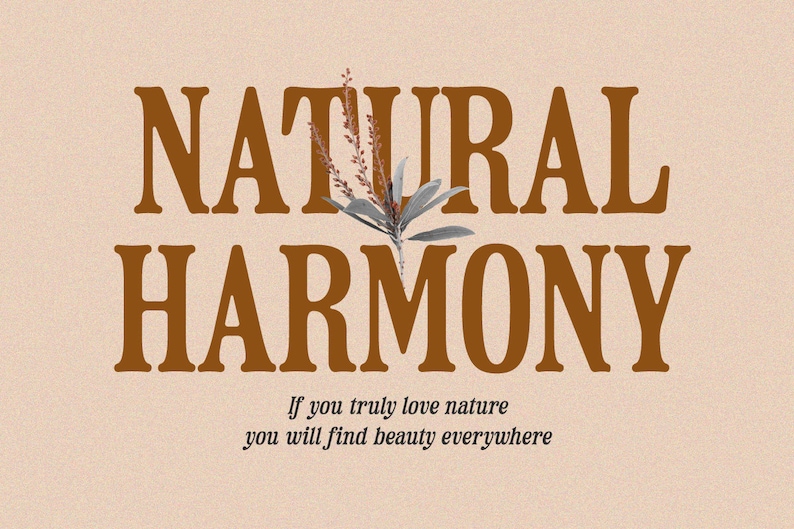 May include: A brown text graphic with the words "NATURAL HARMONY" and the quote "If you truly love nature you will find beauty everywhere". The graphic features a small sprig of dried flowers and leaves.