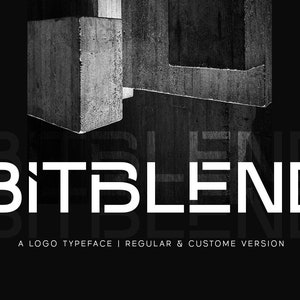 May include: A logo typeface called "Bitblend" in white text on a black background. The text is in a bold, geometric font style. The text is layered over a photo of a concrete block.