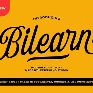Może przedstawiać: Czarno-biały projekt graficzny dla czcionki o nazwie "Bilearn" z tekstem "Introducing Bilearn Modern Script Font Made by Letterhend Studio Copyright ©2024/Based in Yogyakarta, Indonesia. All Right Reversed."