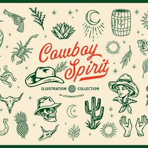 May include: A collection of cowboy-themed illustrations, including a cactus, a horseshoe, a skull, a snake, a scorpion, a barrel, a sun, a moon, a bird, a cowboy hat, a pineapple, a plant, and a pair of hands. The text "Cowboy Spirit Illustration Collection by Letterhend Studio" is at the bottom of the image.
