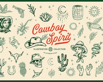 May include: A collection of cowboy-themed illustrations, including a cactus, a horseshoe, a skull, a snake, a scorpion, a barrel, a sun, a moon, a bird, a cowboy hat, a pineapple, a plant, and a pair of hands. The text "Cowboy Spirit Illustration Collection by Letterhend Studio" is at the bottom of the image.