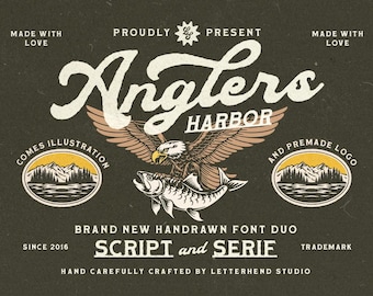 Anglers Harbor Outdoor Vintage Font Duo +Premade Logo, Fishing, Adventure Font,