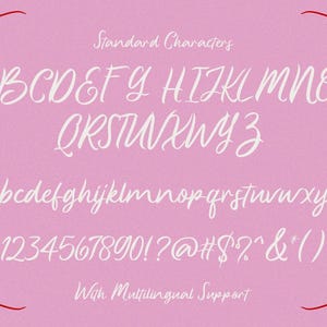 May include: A white font alphabet with uppercase and lowercase letters, numbers, and punctuation marks. The font is cursive and has a whimsical style. The background is pink.