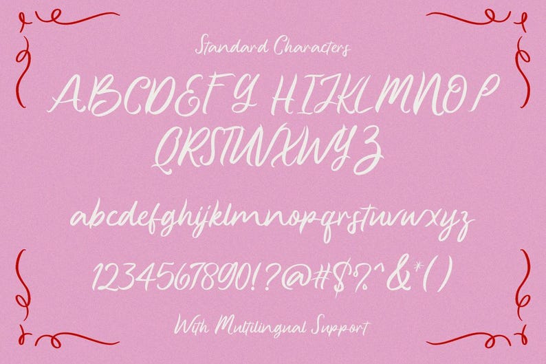 May include: A white font alphabet with uppercase and lowercase letters, numbers, and punctuation marks. The font is cursive and has a whimsical style. The background is pink.