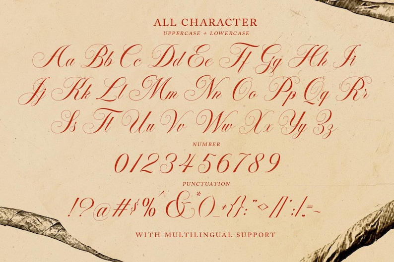 K&ouml;nnte beinhalten: Ein rotes kursives Alphabet mit Gro&szlig;- und Kleinbuchstaben, Zahlen von 0 bis 9 und Satzzeichen. Der Text lautet "ALL CHARACTER UPPERCASE + LOWERCASE Aa Bb Cc Dd Ec Ff Gg Hh Ii Jj Kk Ll Mm Nn Oo Pp Qq Rr Ss Tt Uu Vv Ww Xx Yy Zz NUMBER 0123456789 PUNCTUATION !?@#$% &0_+f:'"/::/=- WITH MULTILINGUAL SUPPORT"