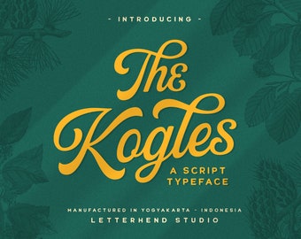 May include: A graphic design for a font called "The Kogles", a script typeface. The text is in yellow against a green background with a textured look. The text reads "Introducing - The Kogles - A Script Typeface - Manufactured in Yogyakarta - Indonesia - Letterhend Studio"