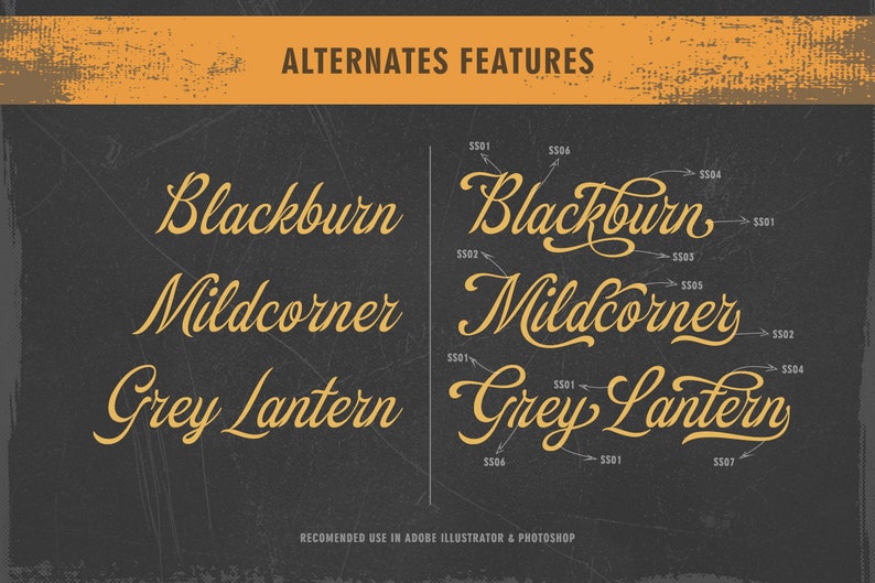 May include: A graphic design image showing different alternate features for the font "Blackburn" with the words "Blackburn", "Mildcorner", and "Grey Lantern" written in the font. The image shows the different alternate features for the font, such as the different ways the letters can be written.