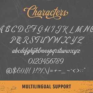 May include: A chalkboard with the word "Characters" written in a cursive font. The alphabet in uppercase and lowercase letters, numbers 0-9, and various symbols are written in white on the chalkboard. The text "MULTILINGUAL SUPPORT" is written in orange at the bottom of the chalkboard.