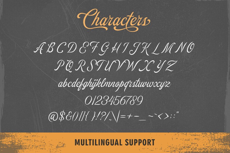 May include: A chalkboard with the word "Characters" written in a cursive font. The alphabet in uppercase and lowercase letters, numbers 0-9, and various symbols are written in white on the chalkboard. The text "MULTILINGUAL SUPPORT" is written in orange at the bottom of the chalkboard.