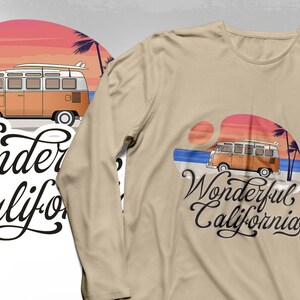 May include: A beige long-sleeve t-shirt with a graphic print of a vintage van driving on a beach with a sunset in the background. The text "Wonderful California" is printed below the van.