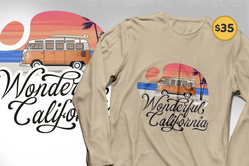 May include: A beige long-sleeve t-shirt with a graphic print of a vintage van driving on a beach with a sunset in the background. The text "Wonderful California" is printed below the van.