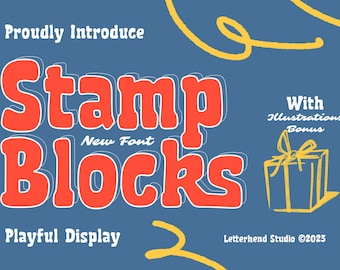 May include: A graphic design for a new font called "Stamp Blocks" with a playful display style. The font is red with white outlines and a 3D effect. The text "With Illustrations Bonus" is in white and the text "Letterhend Studio ©2023" is in white.