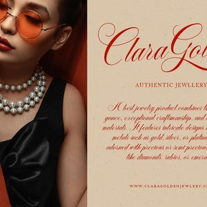 K&ouml;nnte beinhalten: Eine Frau mit einer Perlenkette und Sonnenbrille vor einem roten Hintergrund. Der Text "Clara Golden Co. Authentic Jewellery" ist in roter Kursivschrift dargestellt. Der Text darunter beschreibt den Schmuck als zeitlos, elegant und aus hochwertigen Materialien gefertigt.