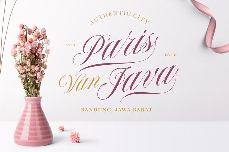 May include: A white background with a pink and gold logo that reads "Authentic City Paris Van Java Estd 1810 Bandung, Jawa Barat". A bouquet of pink dried flowers in a pink vase is on the left side of the image.