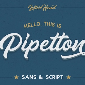 Peut inclure: Un fond bleu avec du texte blanc qui dit "HELLO, THIS IS Pipetton SANS & SCRIPT" dans une police de caractères stylisée.