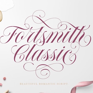 May include: A graphic design for a font called "Fortsmith Classic" in a burgundy color with a decorative flourish. The text "Beautiful Romantic Script" is below the font name.