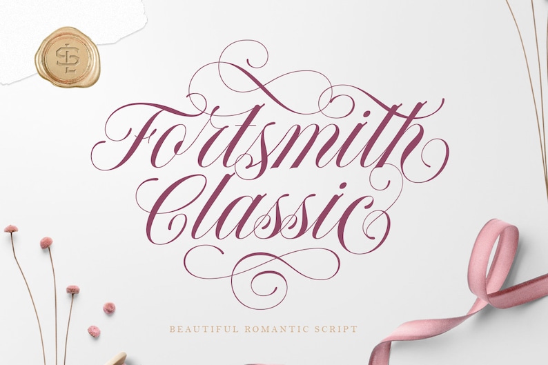 May include: A graphic design for a font called "Fortsmith Classic" in a burgundy color with a decorative flourish. The text "Beautiful Romantic Script" is below the font name.