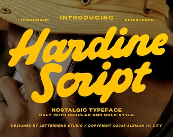 May include: Yellow text on a dark background introduces "Hardine Script," a nostalgic typeface available in regular and bold styles. The image includes the words "Trademark," "Introducing," and "Registered."
