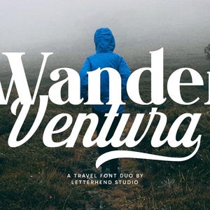 May include: The image features the text "Wander Ventura" in a bold, white font, with a person in a blue jacket walking away in the background. The text "A Travel Font Duo by Letterhend Studio" is at the bottom.