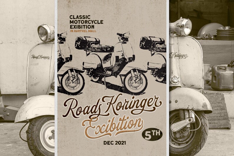 May include: A vintage poster advertising a classic motorcycle exhibition called "Road's Koringer Exhibition" taking place in Hartvel Mall on December 2021. The poster features a black and white illustration of three vintage scooters.