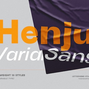 Könnte beinhalten: Ein Grafikdesign für eine Schriftart namens "Henja Varia Sans" mit einem violetten Hintergrund und orangefarbenem Text. Der Text lautet "*9 WEIGHT 18 STYLES (+VARIABLE TYPE)" und "LETTERHEND STUDIO YOGYAKARTA, IDN".