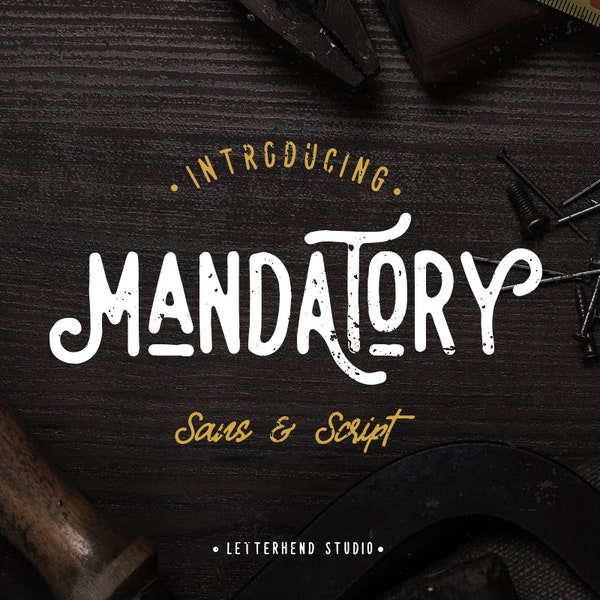 Mandatory - Vintage Font Duo, sans, script, old school, retro, calligraphy, gritty, grunge, dark, adventure, organic, hand writing,