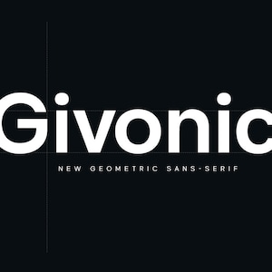 Könnte beinhalten: Eine weiße geometrische serifenlose Schriftart namens "Givonic." Die Schriftart wird in Großbuchstaben angezeigt und hat eine moderne, klare Ästhetik.