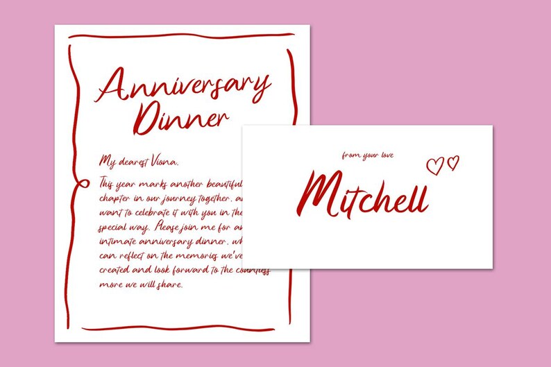May include: A white card with red handwritten text. The card reads "Anniversary Dinner" and includes a message to "My dearest Viana". A smaller white card with red handwritten text reads "from your love Mitchell" and includes two red hearts.