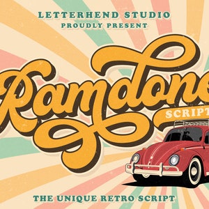 Ramdone - Retro Script, retro font, bold script, 60s font, 70s font, funky font, funk, vintage, extrude, layered font, psychedelic font,