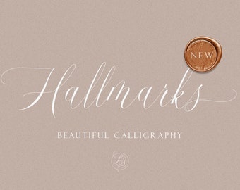 May include: A beige background with the word "Hallmarks" in elegant white script. Below, the text reads "BEAUTIFUL CALLIGRAPHY." A bronze-colored wax seal with "NEW" is in the upper right corner. A logo is at the bottom.