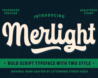 May include: A graphic design for a font called "Merlight" with the tagline "Bold Script Typeface with Two Style." The text is in a white script font on a dark blue background with a green banner at the bottom.