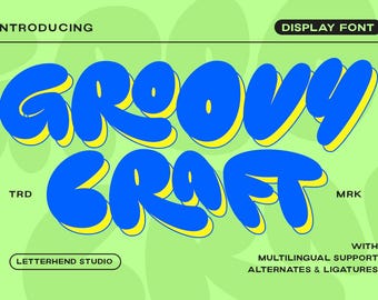 May include: A display font called "Groovy Craft" with a retro, cartoonish style. The font is blue with yellow outlines and is set against a green background.