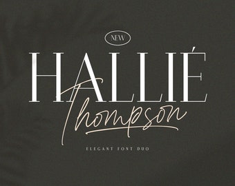 May include: A graphic design featuring the text "HALLIE thompson" in a white sans-serif font and a cursive script font. The text is set against a dark gray background. The text "NEW" is in a circle above the name. The text "ELEGANT FONT DUO" is below the name.