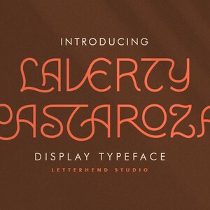 May include: Introducing Laverty Castaroza, a display typeface with a modern, elegant design. The font features a unique, stylized script with a double-line effect. The text is in a light orange color against a brown background.