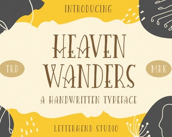May include: Introducing Heaven Wanders, a handwritten typeface. The text is in brown against a yellow background with black and white abstract shapes.