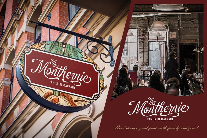 May include: A red and gold sign with the text "The Monthernie Family Restaurant" in a cursive font. The sign is hanging from a black metal bracket. The restaurant's interior is visible in the background, with people sitting at tables.