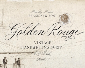 May include: Golden Rouge Vintage Handwriting Script font design by Letterhend Studio. The font is written in a cursive style with a vintage aesthetic.