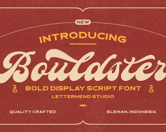 May include: A retro-style font design called "Bouldster" in a bold, white script font on a red background. The text "NEW" and "INTRODUCING" are in yellow. The text "BOLD DISPLAY SCRIPT FONT" is in yellow and the text "LETTERHEND STUDIO" is in white. The text "QUALITY CRAFTED" is in white and the text "SLEMAN, INDONESIA" is in white.