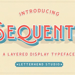 May include: Introducing Sequents, a layered display typeface. The word "Sequents" is written in a bold, 3D style with red and blue colors. The text "A layered display typeface" is written in black below the word "Sequents". The text "Letterhend Studio" is written in white on a blue background below the text "A layered display typeface".