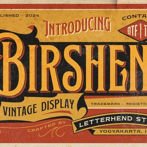 May include: A vintage-style font design called "Birshon" in a yellow and black color scheme. The font is described as a "Vintage Display" font and is crafted by "Letterhend Studio" in Yogyakarta, Indonesia. The font is available in OTF and TTF formats.