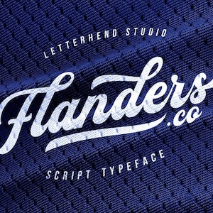 May include: A blue textured background with the white text "Flanders.co" in a script font. The text "LETTERHEND STUDIO" is above the main text, and "SCRIPT TYPEFACE" is below.