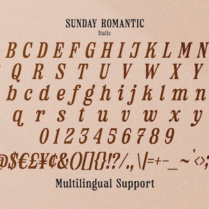 May include: A font chart displaying the uppercase and lowercase letters of the alphabet, numbers, and punctuation marks in a brown italic font called "Sunday Romantic". The font is designed for multilingual support.