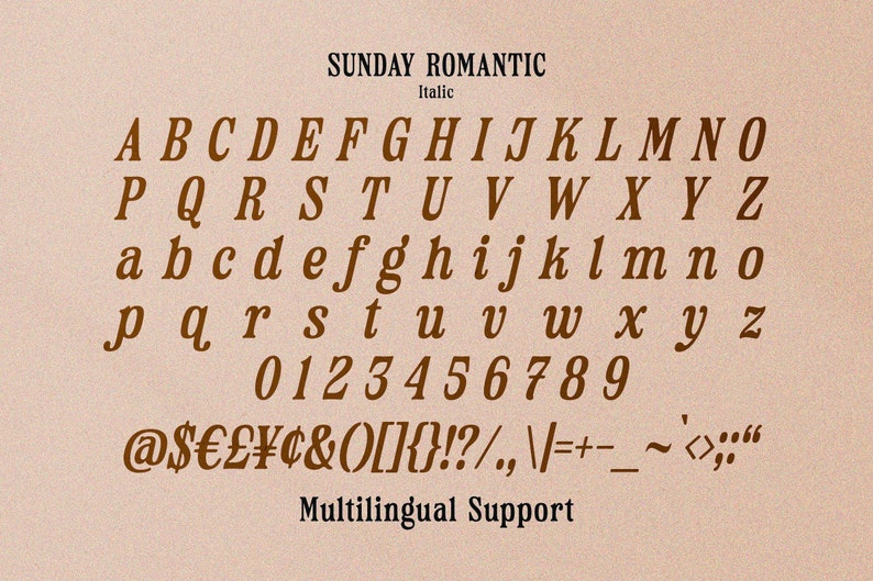 May include: A font chart displaying the uppercase and lowercase letters of the alphabet, numbers, and punctuation marks in a brown italic font called "Sunday Romantic". The font is designed for multilingual support.