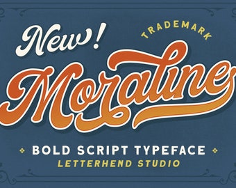 May include: New! Moratine Bold Script Typeface by Letterhend Studio. A vintage-style font design with a bold, orange and white script.